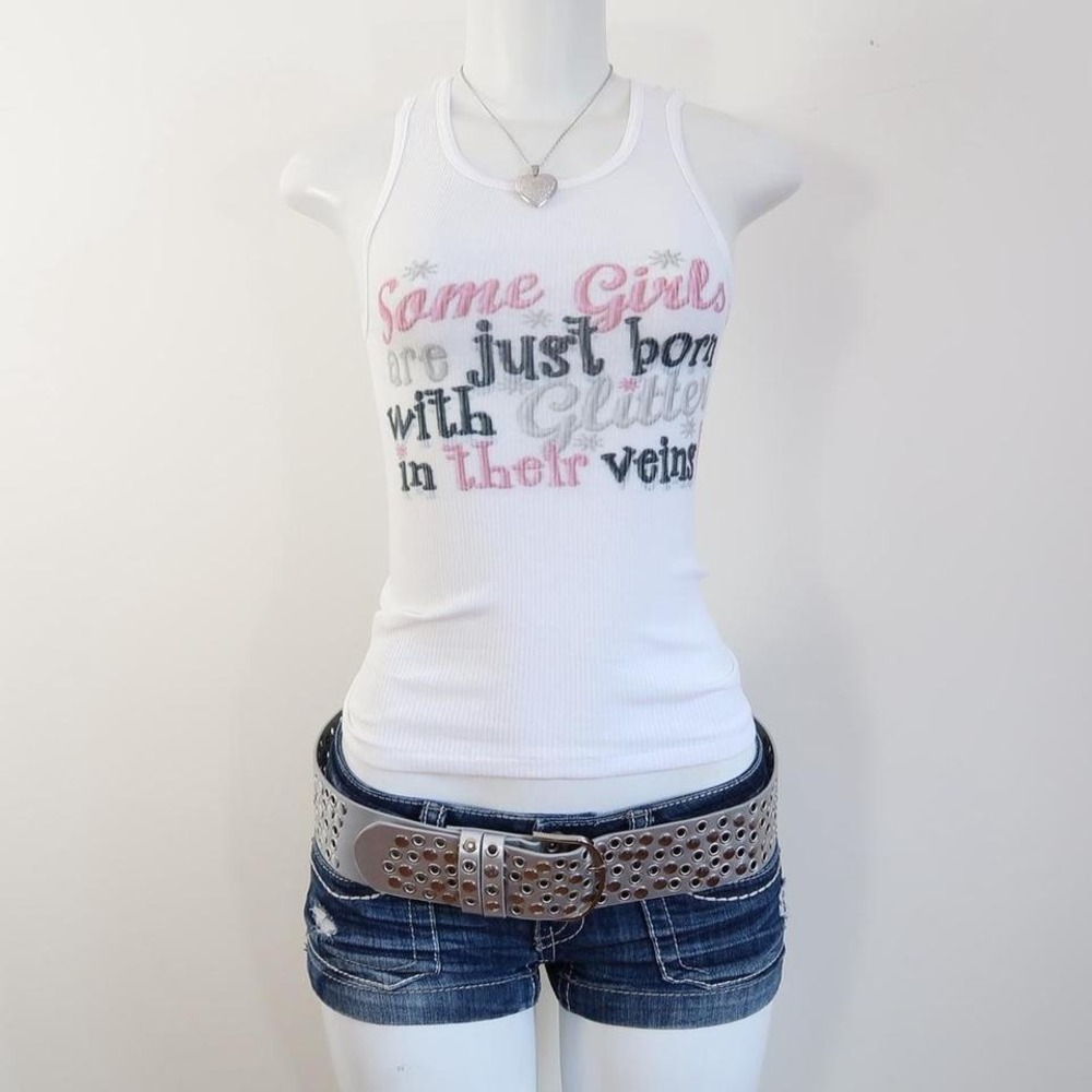 y2k glitter in their veins slogan graphic tank white ribbed baby tee size S - Picture 3 of 4